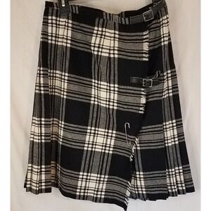 Brendella Tartan Plaid Kilt Wrap Skirt 100% Wool Ireland Black White